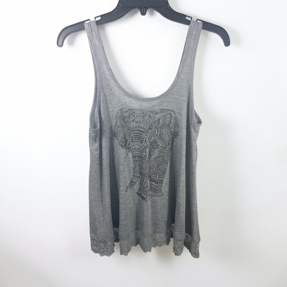 Elephant Graphic Tank Top Heather Gray Lace Trim Hem Sleeveless Scoop Neck M